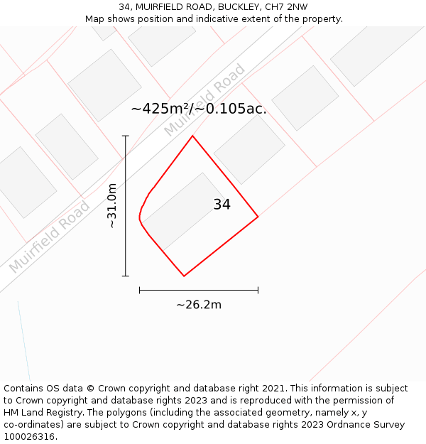 34, MUIRFIELD ROAD, BUCKLEY, CH7 2NW: Plot and title map