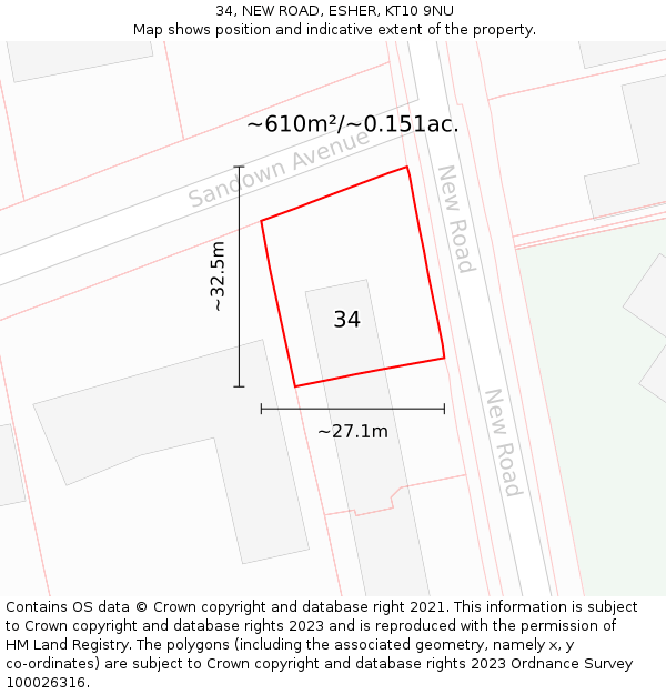 34, NEW ROAD, ESHER, KT10 9NU: Plot and title map