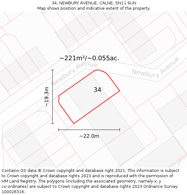 34, NEWBURY AVENUE, CALNE, SN11 9UN: Plot and title map