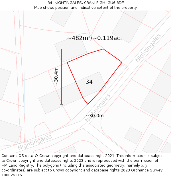 34, NIGHTINGALES, CRANLEIGH, GU6 8DE: Plot and title map