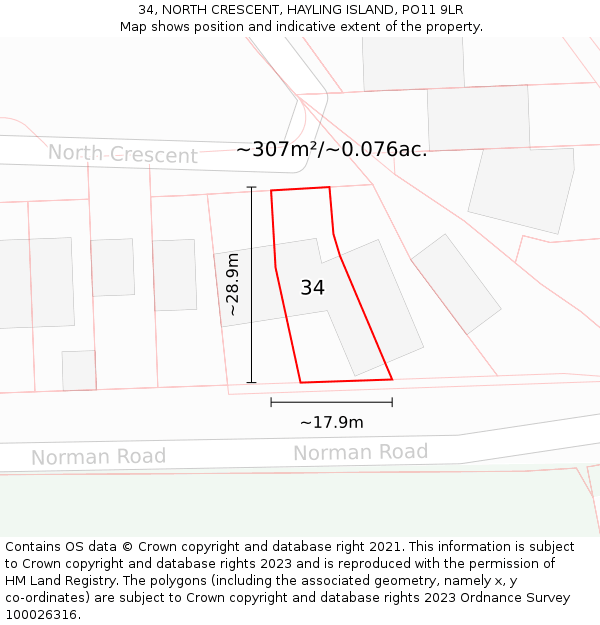 34, NORTH CRESCENT, HAYLING ISLAND, PO11 9LR: Plot and title map