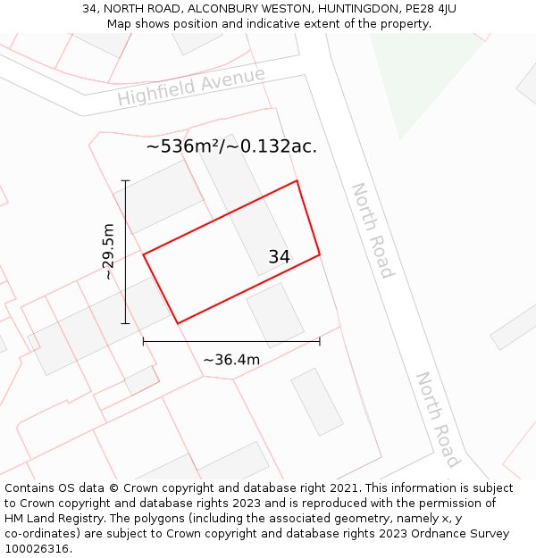 34, NORTH ROAD, ALCONBURY WESTON, HUNTINGDON, PE28 4JU: Plot and title map