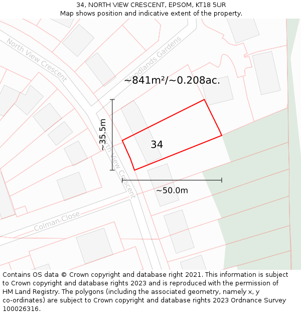 34, NORTH VIEW CRESCENT, EPSOM, KT18 5UR: Plot and title map