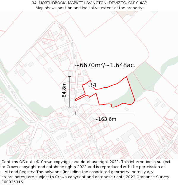 34, NORTHBROOK, MARKET LAVINGTON, DEVIZES, SN10 4AP: Plot and title map