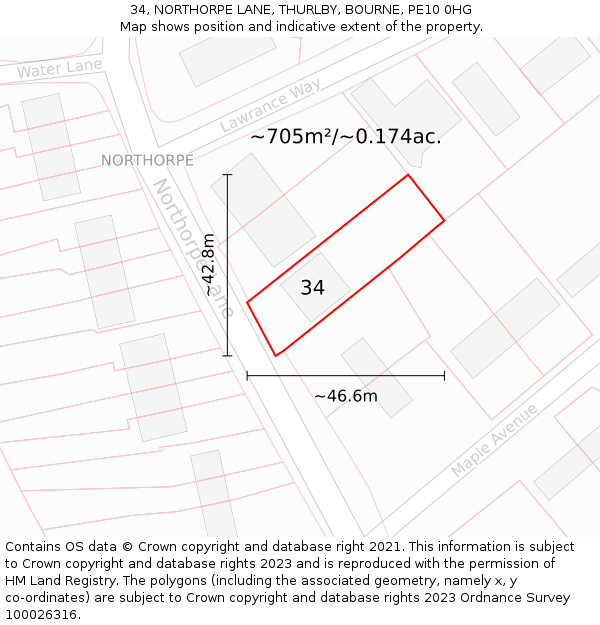 34, NORTHORPE LANE, THURLBY, BOURNE, PE10 0HG: Plot and title map