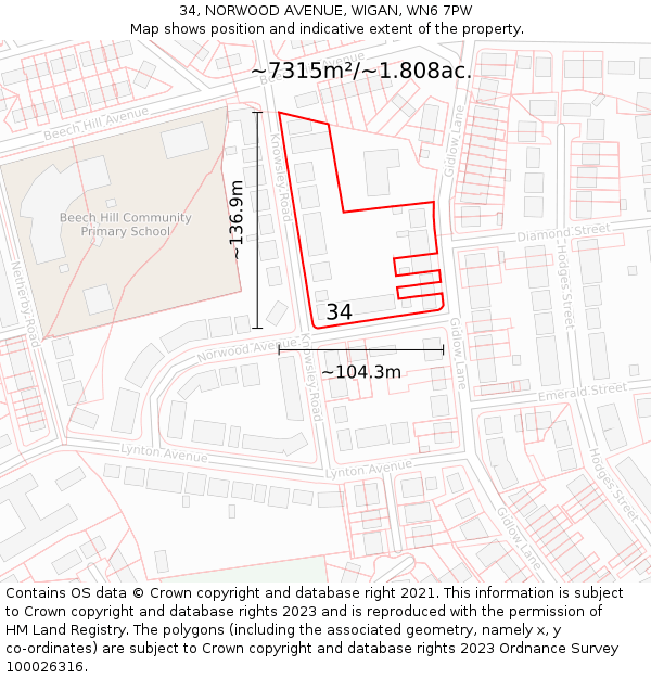 34, NORWOOD AVENUE, WIGAN, WN6 7PW: Plot and title map