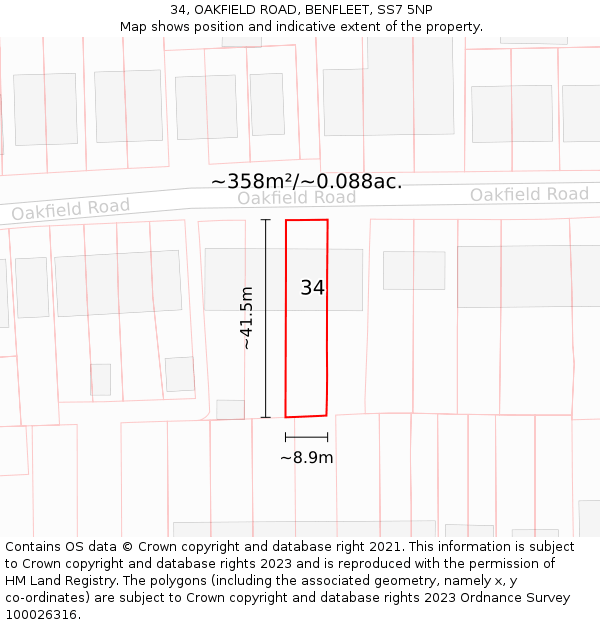 34, OAKFIELD ROAD, BENFLEET, SS7 5NP: Plot and title map