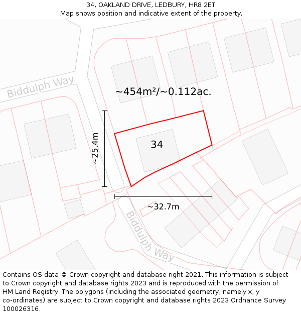 34, OAKLAND DRIVE, LEDBURY, HR8 2ET: Plot and title map