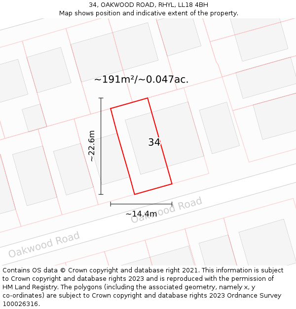 34, OAKWOOD ROAD, RHYL, LL18 4BH: Plot and title map