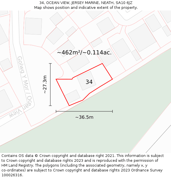 34, OCEAN VIEW, JERSEY MARINE, NEATH, SA10 6JZ: Plot and title map