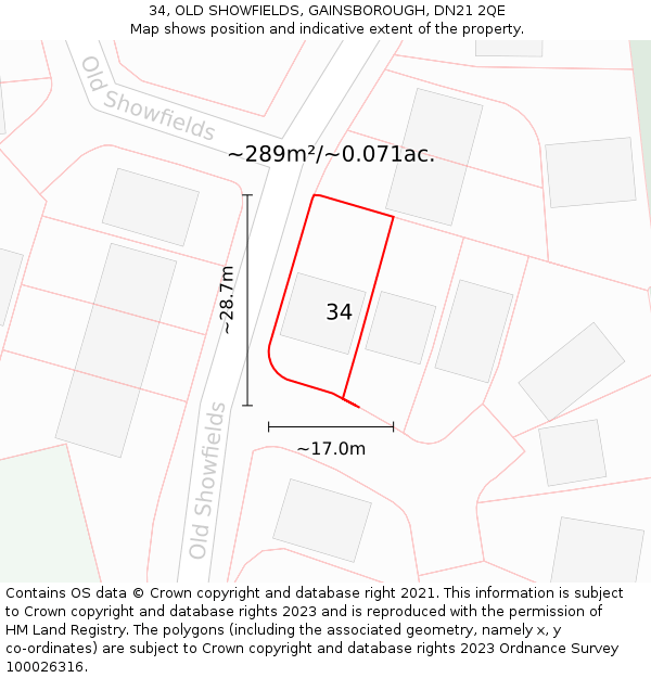 34, OLD SHOWFIELDS, GAINSBOROUGH, DN21 2QE: Plot and title map