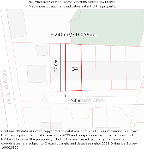 34, ORCHARD CLOSE, ROCK, KIDDERMINSTER, DY14 9XZ: Plot and title map