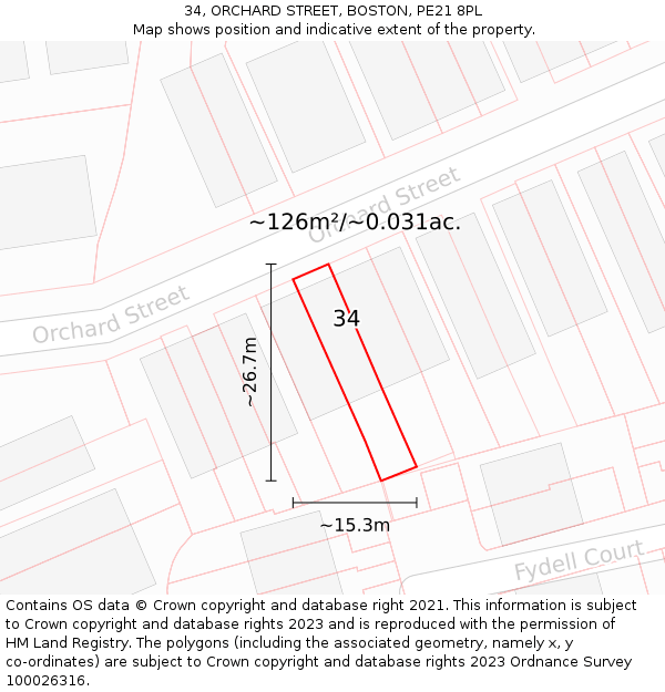 34, ORCHARD STREET, BOSTON, PE21 8PL: Plot and title map