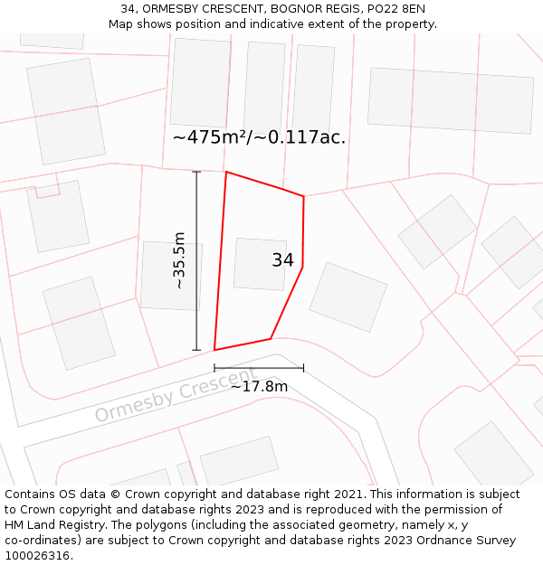 34, ORMESBY CRESCENT, BOGNOR REGIS, PO22 8EN: Plot and title map