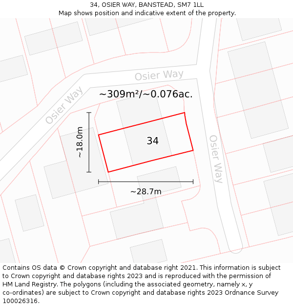 34, OSIER WAY, BANSTEAD, SM7 1LL: Plot and title map