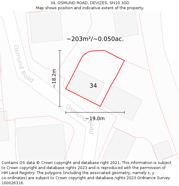 34, OSMUND ROAD, DEVIZES, SN10 3GD: Plot and title map