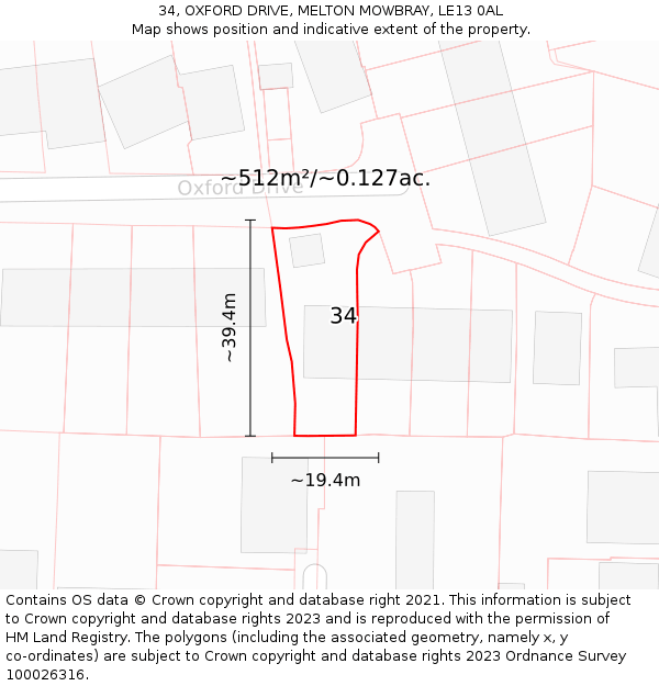 34, OXFORD DRIVE, MELTON MOWBRAY, LE13 0AL: Plot and title map