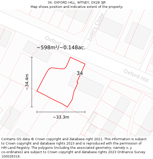 34, OXFORD HILL, WITNEY, OX28 3JR: Plot and title map