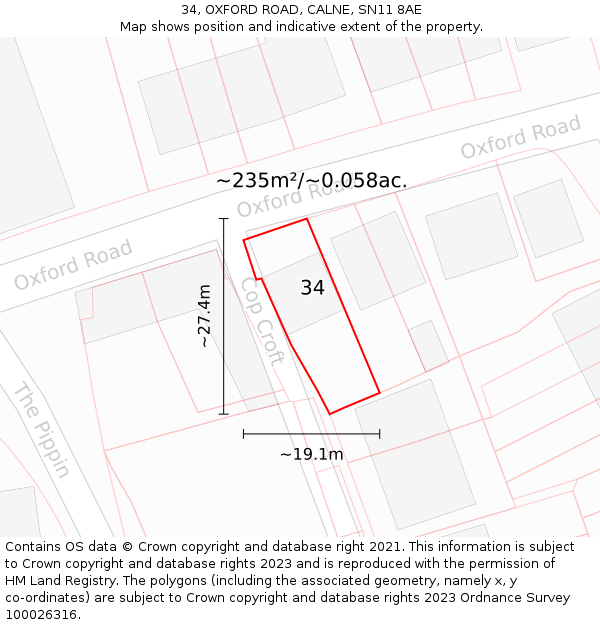 34, OXFORD ROAD, CALNE, SN11 8AE: Plot and title map