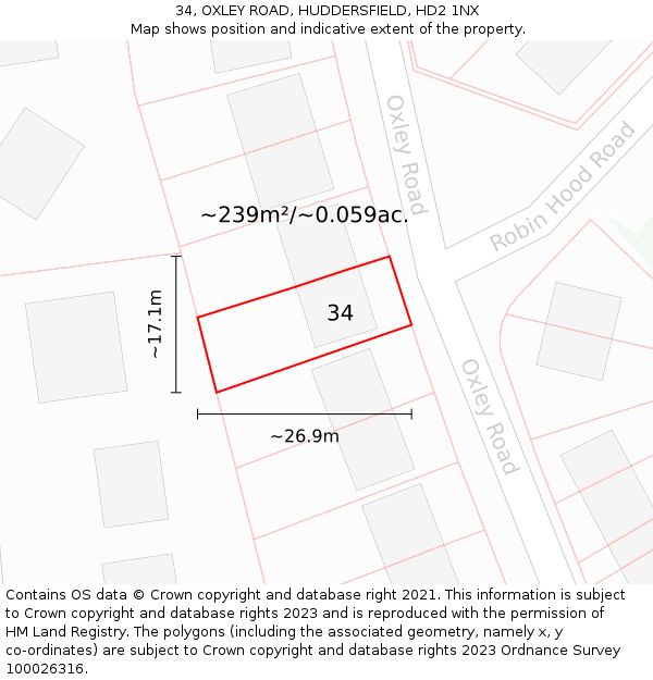 34, OXLEY ROAD, HUDDERSFIELD, HD2 1NX: Plot and title map