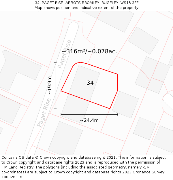 34, PAGET RISE, ABBOTS BROMLEY, RUGELEY, WS15 3EF: Plot and title map