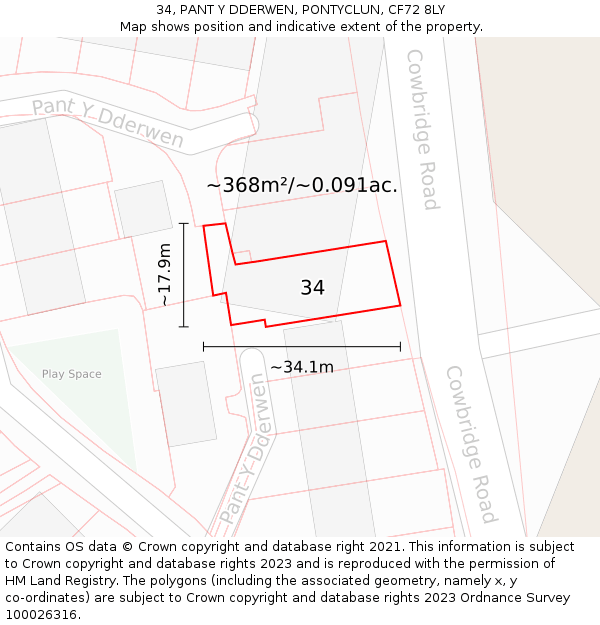 34, PANT Y DDERWEN, PONTYCLUN, CF72 8LY: Plot and title map