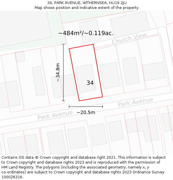 34, PARK AVENUE, WITHERNSEA, HU19 2JU: Plot and title map