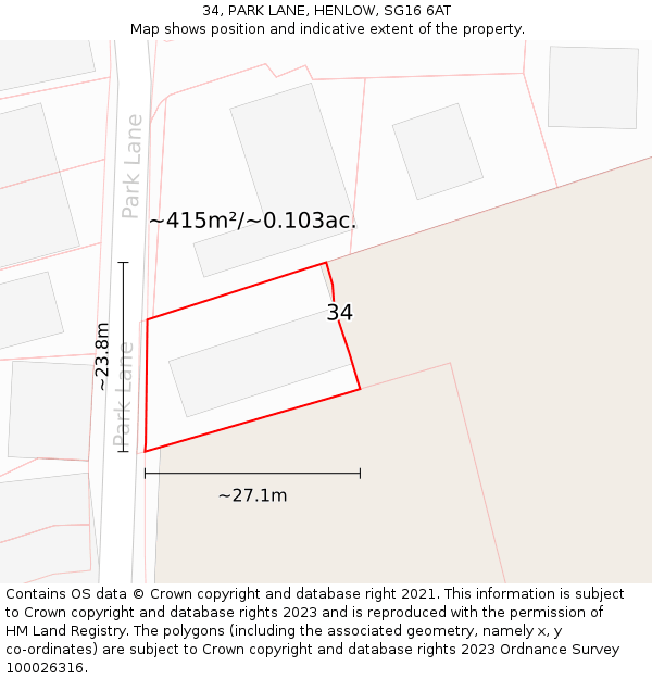 34, PARK LANE, HENLOW, SG16 6AT: Plot and title map