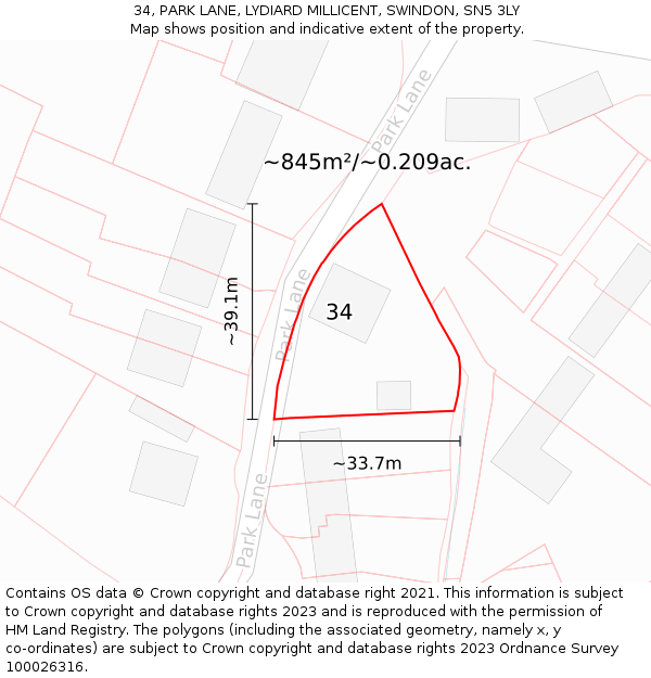 34, PARK LANE, LYDIARD MILLICENT, SWINDON, SN5 3LY: Plot and title map