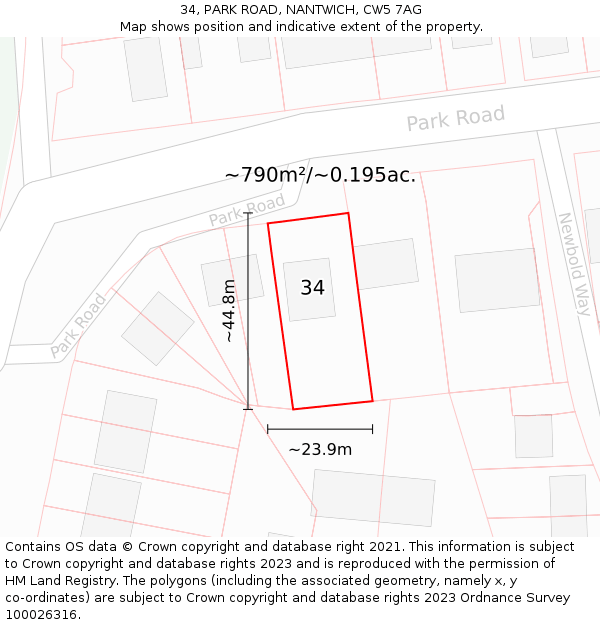 34, PARK ROAD, NANTWICH, CW5 7AG: Plot and title map