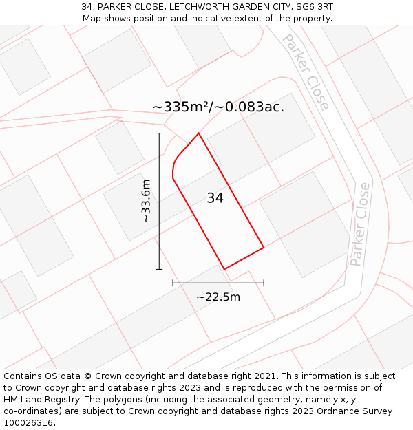 34, PARKER CLOSE, LETCHWORTH GARDEN CITY, SG6 3RT: Plot and title map