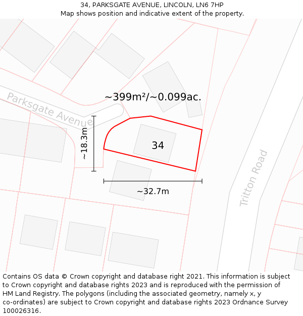 34, PARKSGATE AVENUE, LINCOLN, LN6 7HP: Plot and title map