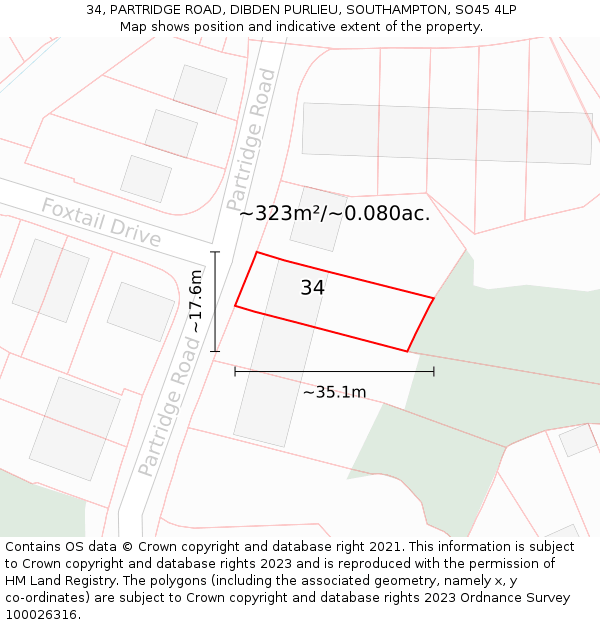 34, PARTRIDGE ROAD, DIBDEN PURLIEU, SOUTHAMPTON, SO45 4LP: Plot and title map