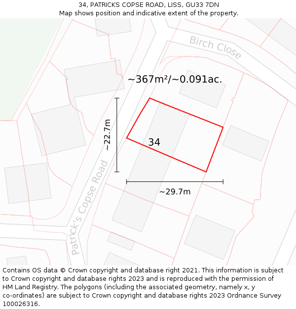 34, PATRICKS COPSE ROAD, LISS, GU33 7DN: Plot and title map