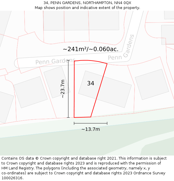 34, PENN GARDENS, NORTHAMPTON, NN4 0QX: Plot and title map