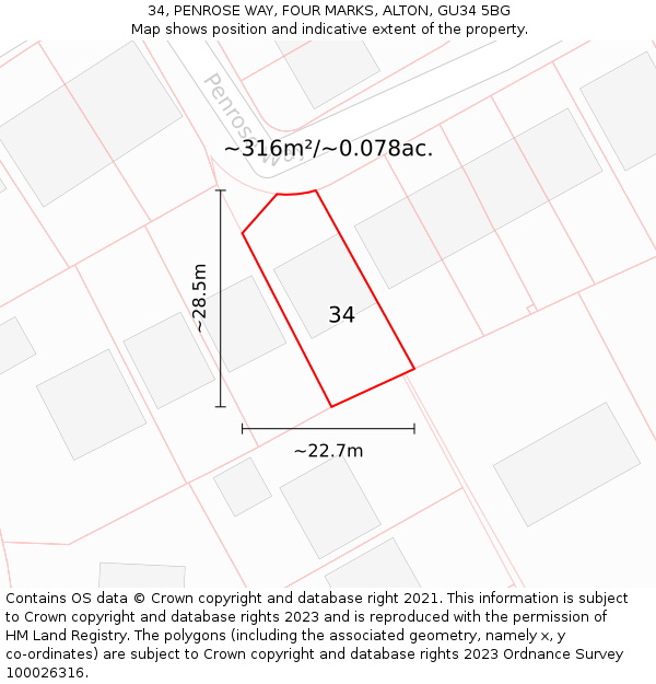 34, PENROSE WAY, FOUR MARKS, ALTON, GU34 5BG: Plot and title map