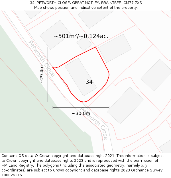 34, PETWORTH CLOSE, GREAT NOTLEY, BRAINTREE, CM77 7XS: Plot and title map