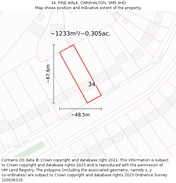 34, PINE WALK, CARSHALTON, SM5 4HD: Plot and title map