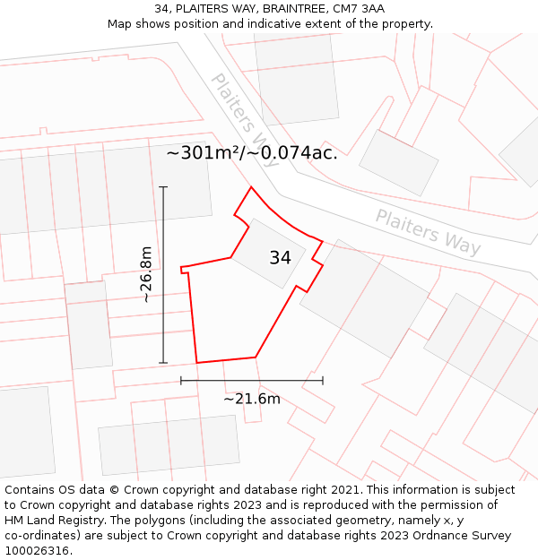 34, PLAITERS WAY, BRAINTREE, CM7 3AA: Plot and title map