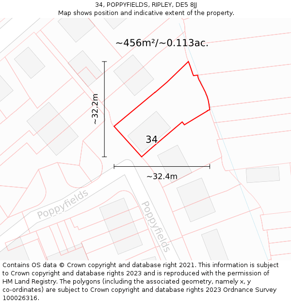 34, POPPYFIELDS, RIPLEY, DE5 8JJ: Plot and title map