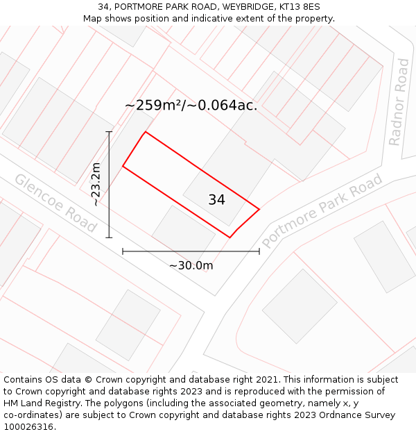 34, PORTMORE PARK ROAD, WEYBRIDGE, KT13 8ES: Plot and title map