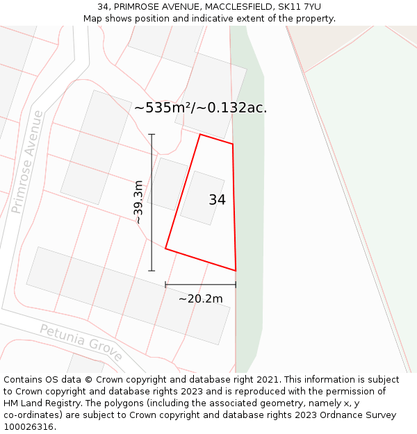 34, PRIMROSE AVENUE, MACCLESFIELD, SK11 7YU: Plot and title map