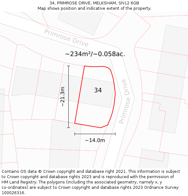 34, PRIMROSE DRIVE, MELKSHAM, SN12 6GB: Plot and title map