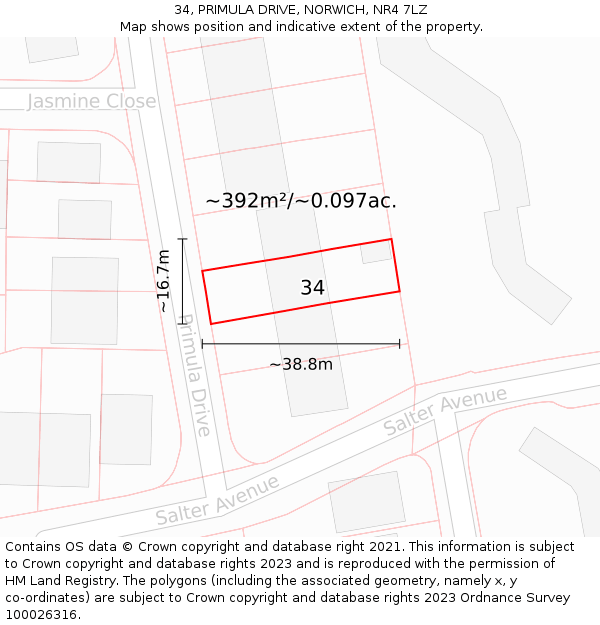 34, PRIMULA DRIVE, NORWICH, NR4 7LZ: Plot and title map