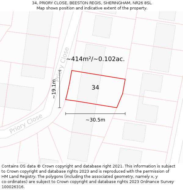 34, PRIORY CLOSE, BEESTON REGIS, SHERINGHAM, NR26 8SL: Plot and title map