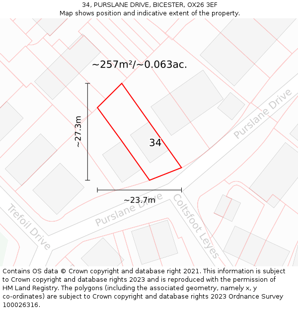 34, PURSLANE DRIVE, BICESTER, OX26 3EF: Plot and title map