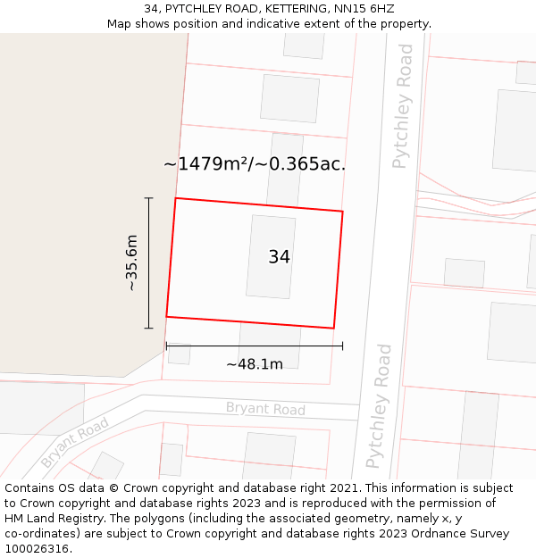 34, PYTCHLEY ROAD, KETTERING, NN15 6HZ: Plot and title map