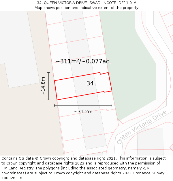 34, QUEEN VICTORIA DRIVE, SWADLINCOTE, DE11 0LA: Plot and title map