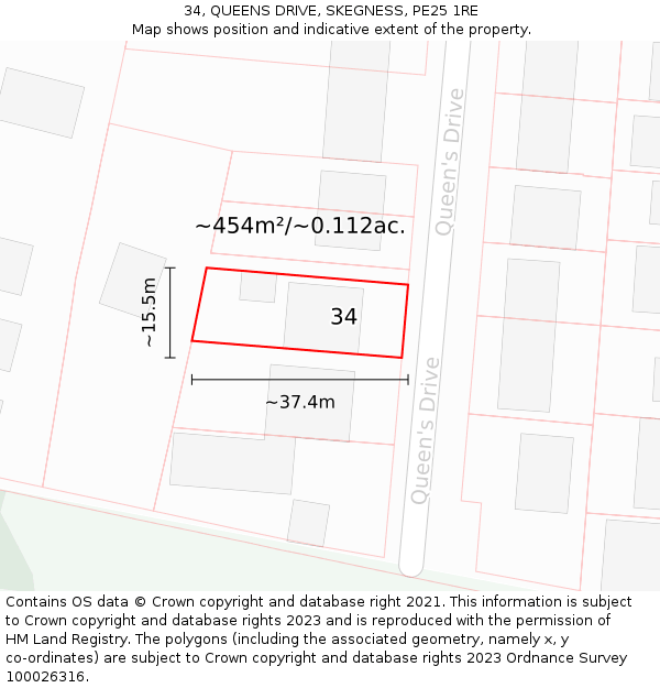 34, QUEENS DRIVE, SKEGNESS, PE25 1RE: Plot and title map