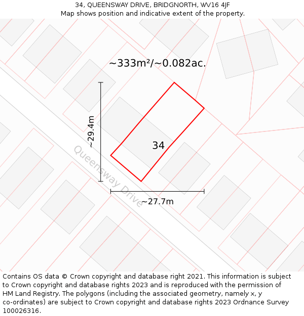 34, QUEENSWAY DRIVE, BRIDGNORTH, WV16 4JF: Plot and title map